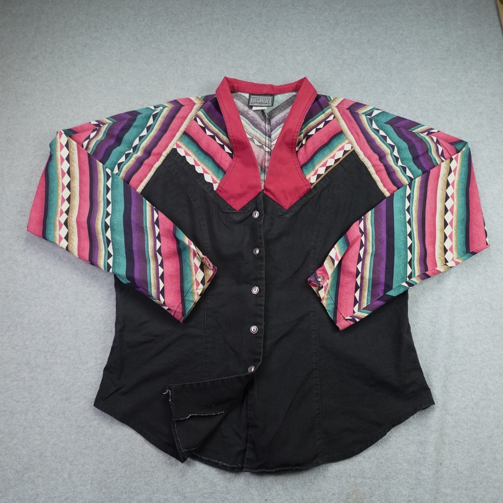 Roughrider Shirt Womens Large Black Pink Aztec Western Vintage Button Up USA
